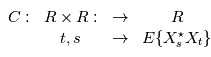 \begin{array}{cccc}C: &\mathbb{R} \times \mathbb{R}: & \rightarrow & \mathbb{R} \\ &t,s & \rightarrow&  \mathbb{E}\{X^{\star}_s X_t \} \end{array}