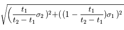 \sqrt{\left(\frac{t_1}{t_2-t_1} \sigma_2\left)^2 + \right((1-\frac{t_1}{t_2-t_1}) \sigma_1 \left)^2}