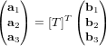 \begin{pmatrix} \bold a_1 \\ \bold a_2 \\ \bold a_3 \end{pmatrix} = [T]^T \begin{pmatrix} \bold b_1 \\ \bold b_2 \\ \bold b_3 \end{pmatrix}