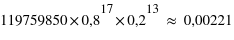 119759850*0,8^17*0,2^13 ~= 0,00221